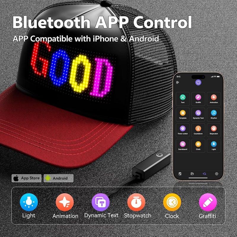 GOTUS LED Hats, LED Display Screen Smart Caps,Bluetooth APP Control,Custom Text, Patterns, Animations for Party Christmas - Image 2